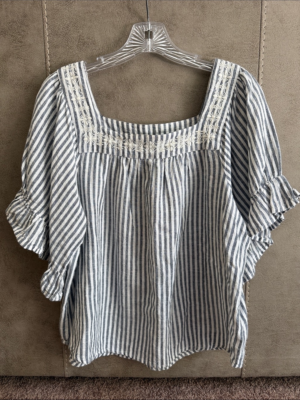 Studio West Embroidered Striped Square Neck Peasant Blouse Size M